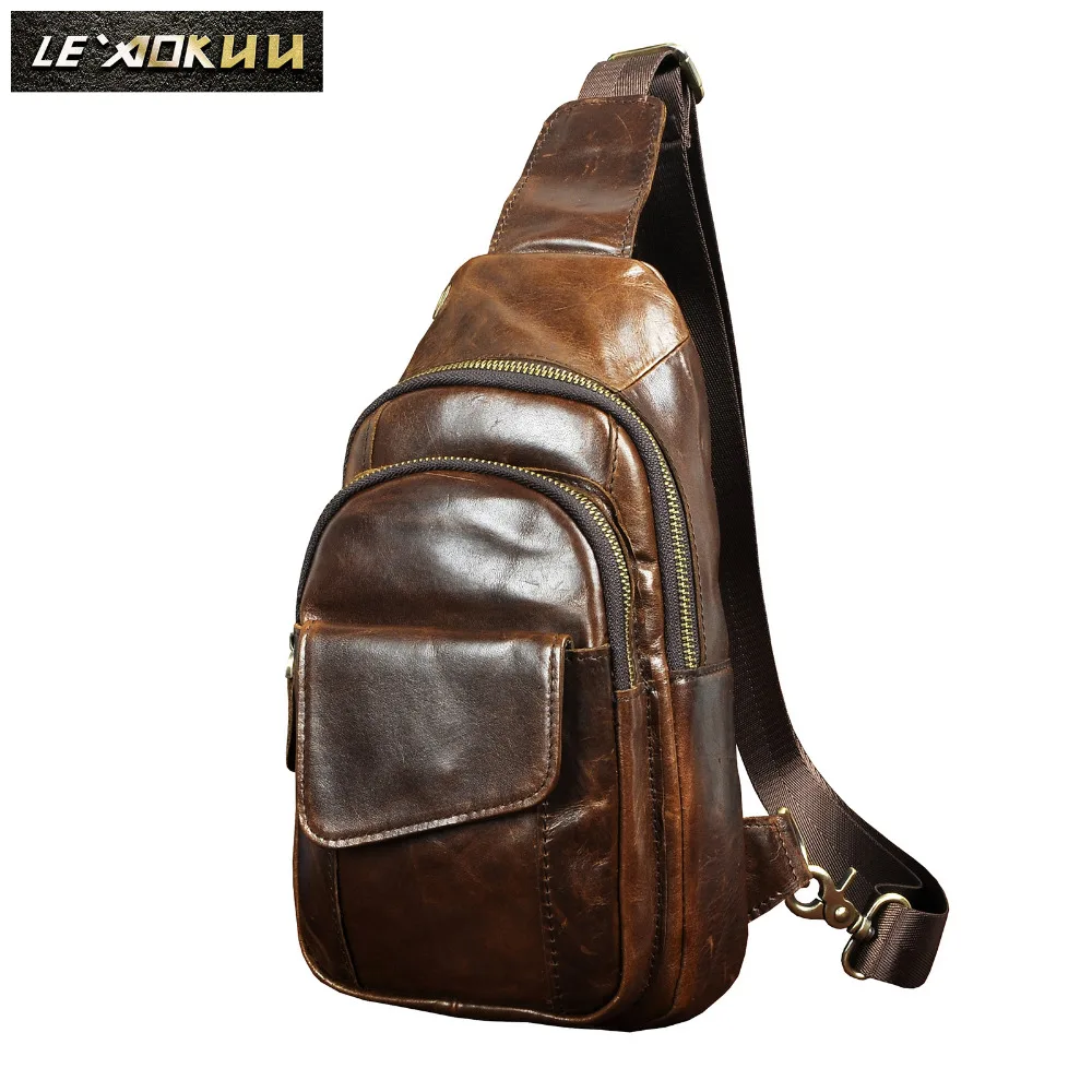 

Men Original Leather Casual Fashion Chest Sling Bag 8" Tablet Umbrella Coffee Design One Shoulder Bag Cross body Bag Male 8013-c