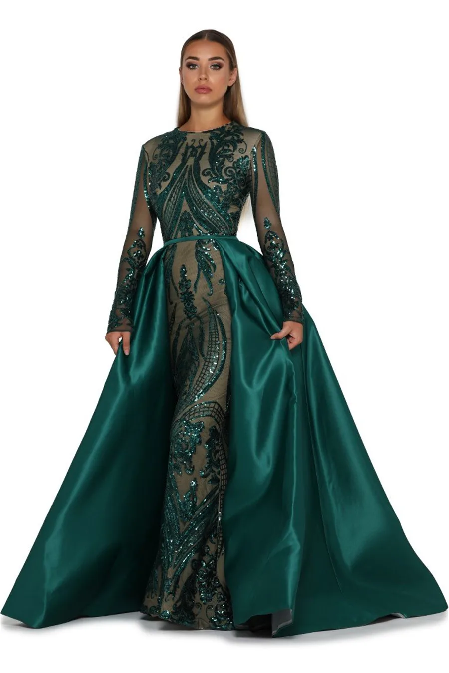 Emerald Green Prom Dress: Long Sleeve 2-Piece Gown Style 1705, Detachable Skirt, Saudi Arabia Paillette Evening Gowns image 3