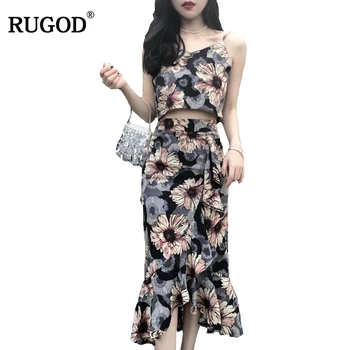 

RUGOD 2018 New Arrival Elegant Women 2 Piece Set Spring Summer Hot Vintage Flower Blouse and Skirt Sleeveless Mid-Calf Suit