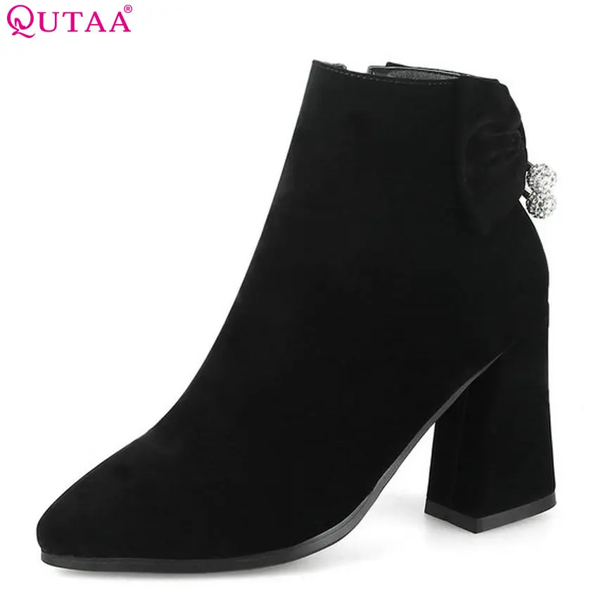 

QUTAA 2018 Women Ankle Boots Square Hgh Heel Pointed Toe Spring /autumn Zipper Deisgn Wedding Boots Ladies Shoes Size 34-43