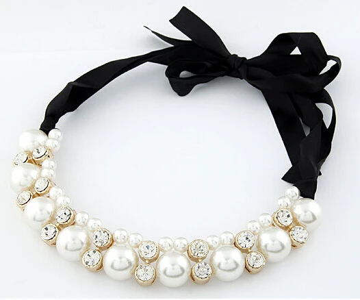 Лучшее предложение, женские двухрядные регулируемые Ленточные бусины, стразы, ожерелье, имитация жемчуга, чокеры, ожерелье, подарок s N102 - Окраска металла: White
