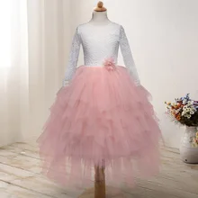 Новинка; кружевное платье для девочек; многослойное фатиновое платье с цветочным принтом; платье принцессы с длинными рукавами для свадебной вечеринки; детская одежда