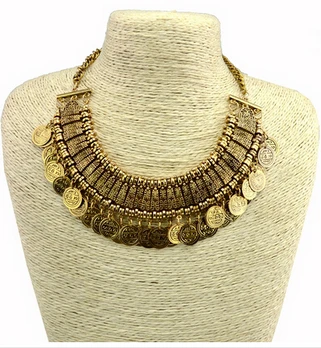 

2014 New Vintage Style Silver Carving Flower Letter Round Coin Tassels Chunky statement Necklace False Collar for women