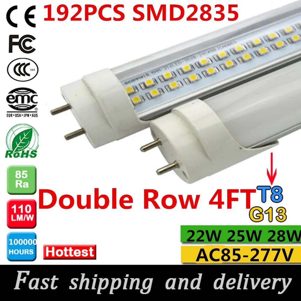 

Double row led tube t8 4ft 1200mm 22w 25w 28w led tube light super bright led fluorescent bulbs tube lamp fast shipping