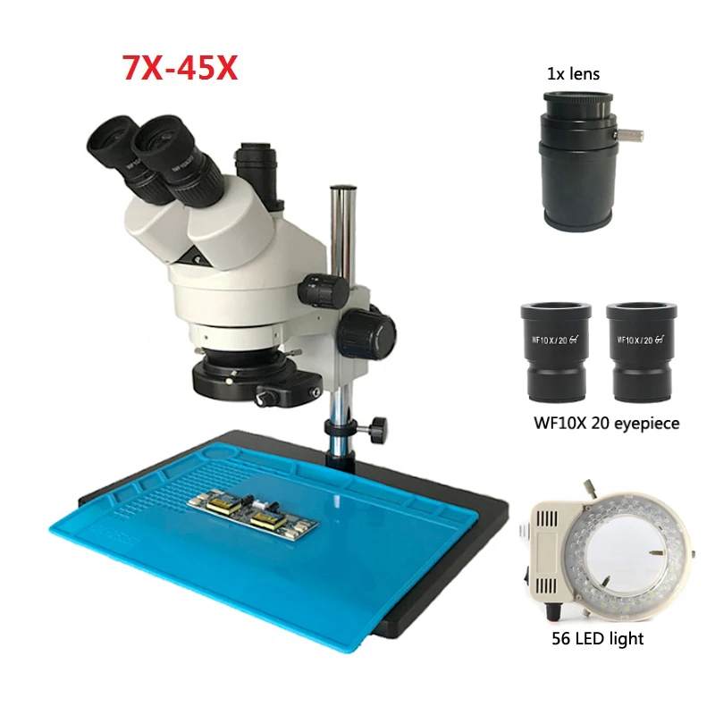 

Trinocular 7-45X continuous zoom microscope industrial microscope combination + objective lens 56LED ring light for maintenance