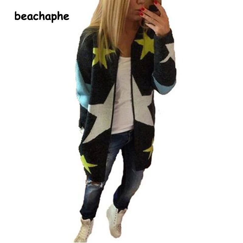 Five-pointed star pattern long section cardigan stars printed sweater knit women |