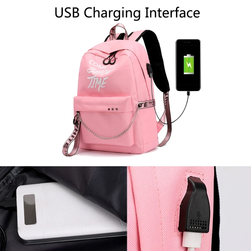 

THINKTHENDO School Bag Travel Waterproof Polyester Laptop Backpack Luminous Lyrics Print Charger USB