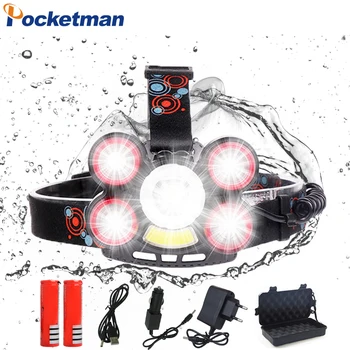 

Ultra Bright Headlamp 5*T6 LED Headlight 4 mode Zoom Head lamp Rechargeable Forehead Light With 2*18650 Battery Charger