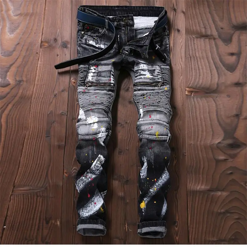 2019 зимние джинсы для мужчин Высокая уличная мотоциклетная байкер Мужские джинсовые штаны черный, серый цвет модный бренд краски струйный