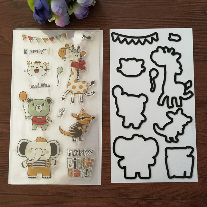

Jungle Safari Animal Happy Birthday Metal Cutting Dies With Rubber Stamp Set Stencil Scrapbooking Card Paper Embossing Craft