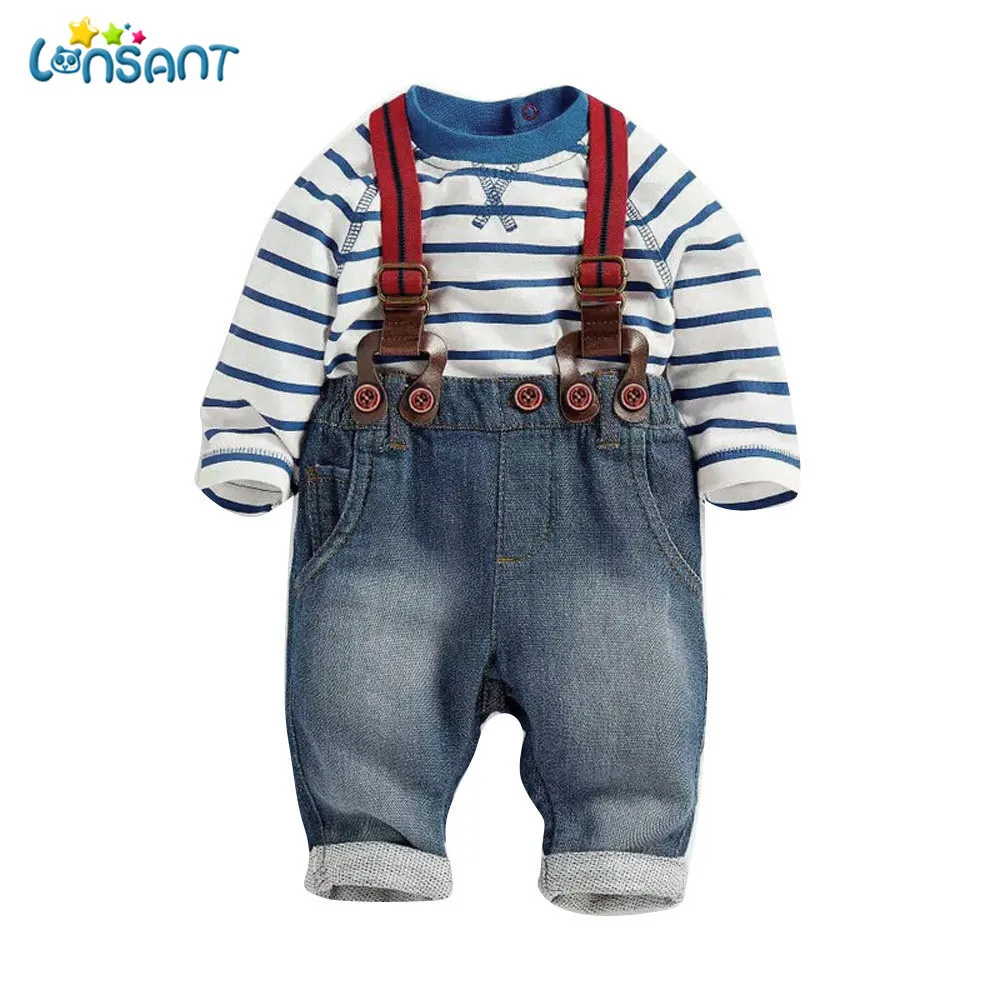 

LONSANT Toddler Handsome Baby Boys Long Sleeve Striped T-Shirts + Jean Bib Baby Boys Pants Outfits 1Set Clothing