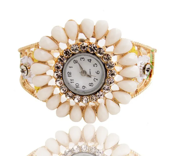 Роскошный цветочный узор позолоченный браслет женские наручные часы модные Хрустальные платья кварцевые наручные женские часы PB-11