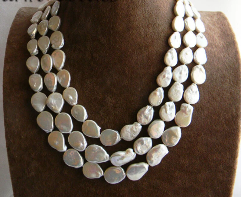 

FREE shipping>>>>3Strands 18'' 13mmx17mm White Baroque Coin Freshwater Pearl Necklace 6.07 6.8