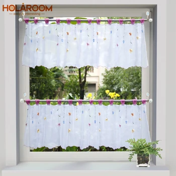 

Wear Rod Floral Embroidery Short Curtain Pastoral Shade Coffee Room Kitchen Curtains Half Curtain Short Panel Drapes Valance