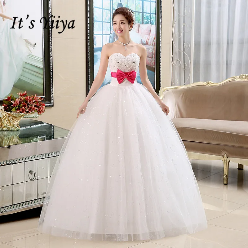 Это YiiYa свадебное платье, розовое, красное, с бантом, с поясом, элегантные свадебные платья, без бретелек, длина до пола, бальное платье принцессы HS133 - Цвет: Белый