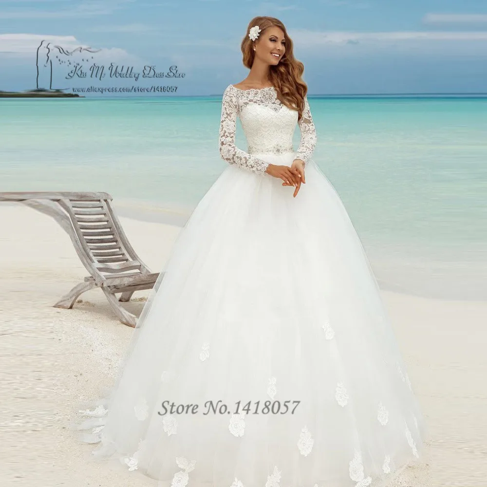 Women Matrimonio Spring Beach Wedding Dress Long Sleeve Ball Gown