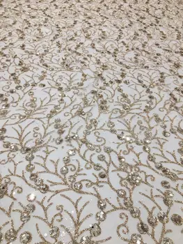

Gold glued glitter sequins lace fabric Hot selling African French net tulle Lace Fabric for party