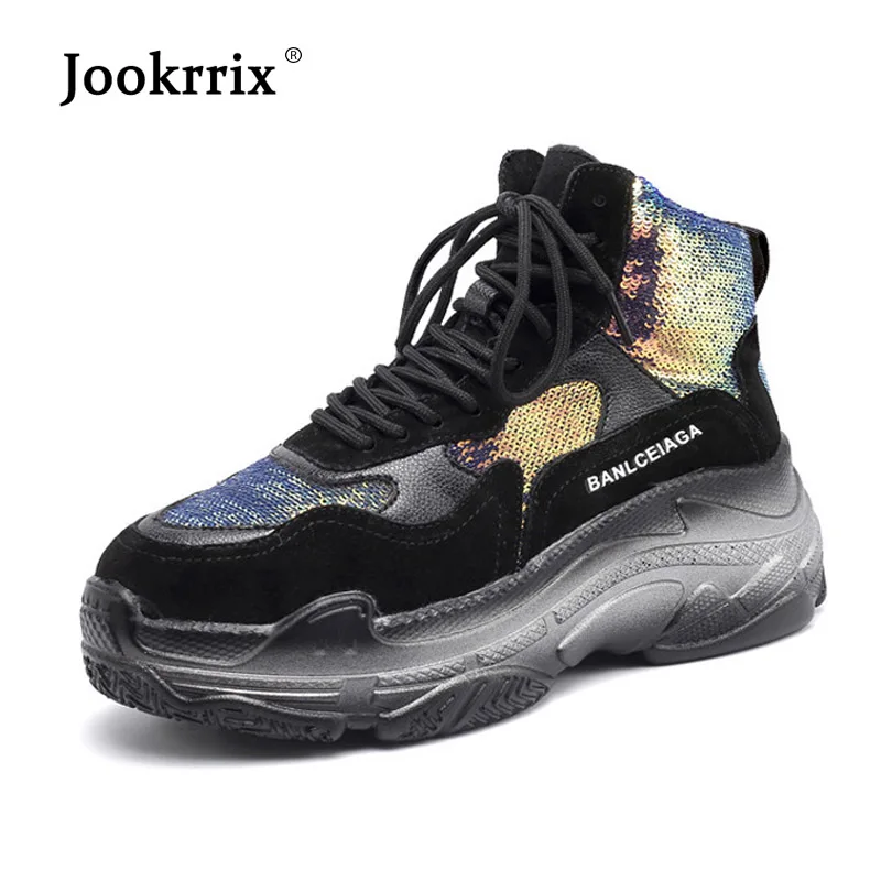 

Jookrrix 2018 Casual Shoes Women Fashion Brand Glitter Sneakers High Top Lady chaussure Autumn Female footware Patchwork Shoes