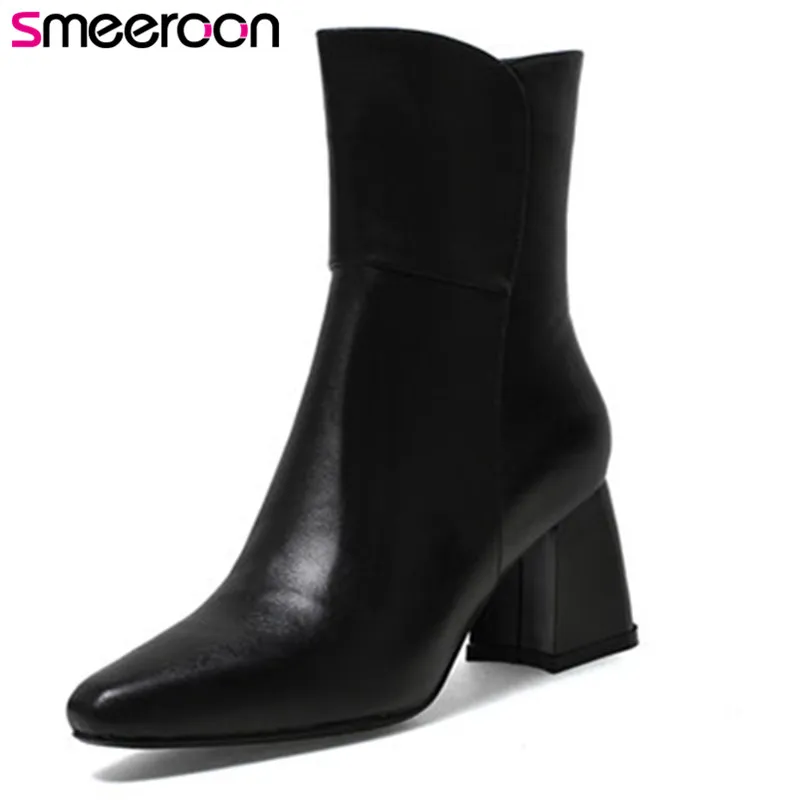 

Smeeroon 2018 fashion autumn winter boots women round toe high heels ankle boots high quality top genuine leath boots