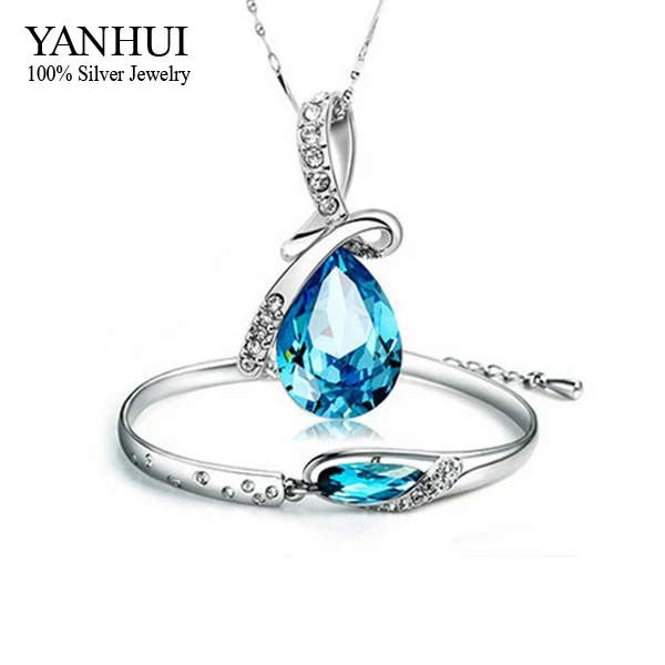 

YANHUI Fashion White Gold Filled Jewelry Accessories Set Women Water Drop Crystal Pendant Bridal Jewelry Gift HS034