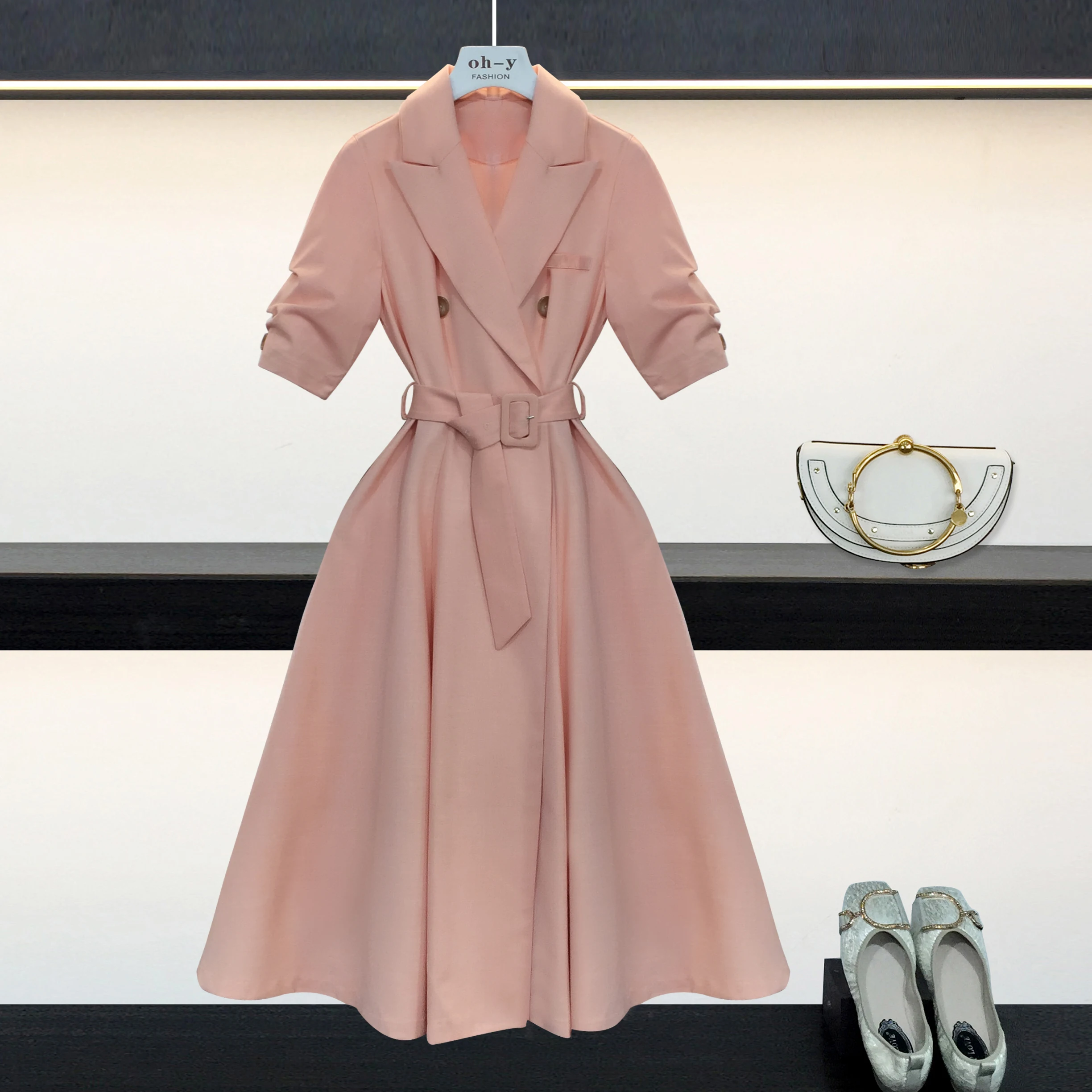 

Women's windbreaker cotton and linen short-sleeved double-breasted long windbreaker women's belt A word shirt windbreaker