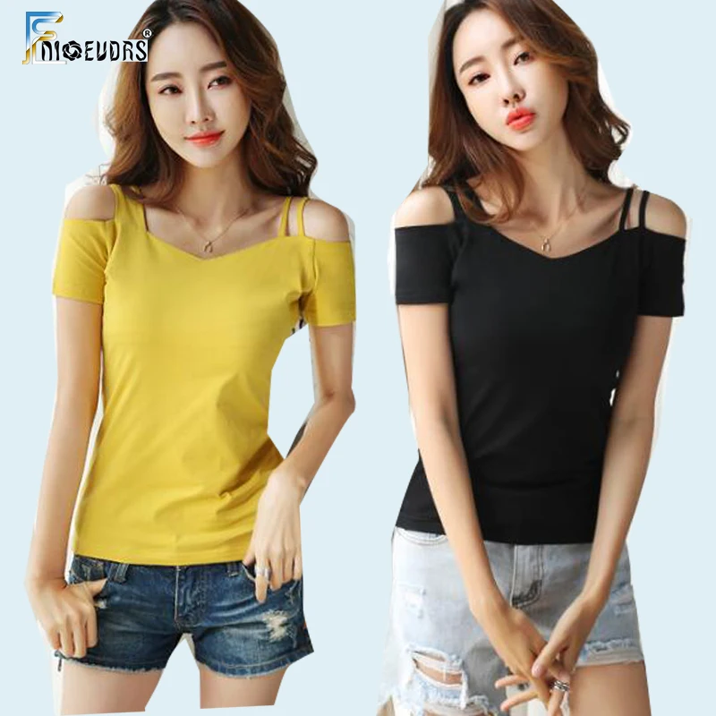 

2019 Cotton T-Shirts Design Tops Hot Women Cute Short Sleeve Slim Fit Off Shoulder Tops Black Red Yellow Pink Open Shoulder Tees