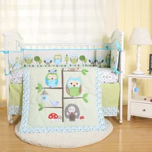5 шт., Комплект постельного белья для новорожденных с изображением животных, синяя Сова и дерево, вышивка, детская кроватка, бампер, Комплект постельного белья, ткань, хлопок, мультяшный рисунок
