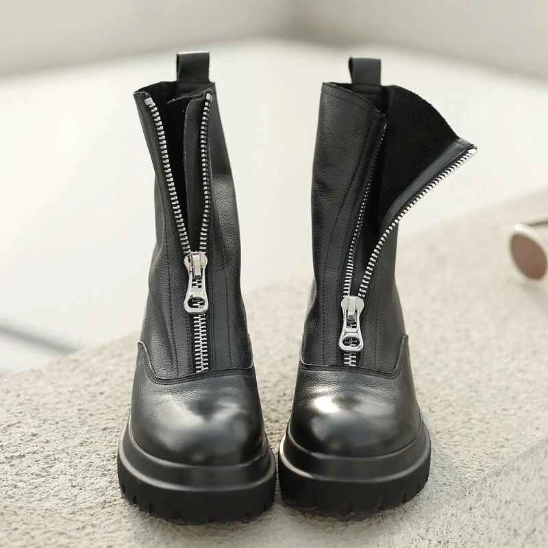 Botines de piel auténtica con cremallera frontal para mujer, botas de moto  planas con plataforma, botines cortos punk cómodos de ocio, calzado de  otoño|Botas hasta el tobillo| - AliExpress