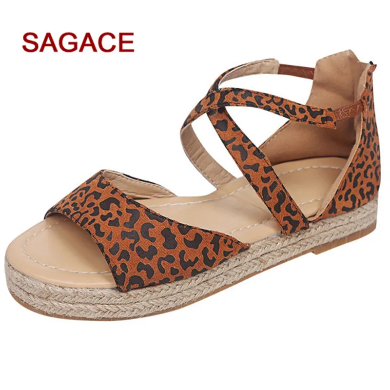 

2019 SAGACE Summer Leopard Wedges Sandals Platform Retro Peep Toe Sandals Fashion Zipper Sandals Shoes dropship