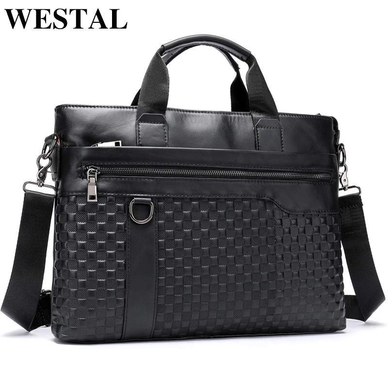 

WESTAL genuine leather men's briefcase messenger bag men's shoulder bag satchel laptop business leather bags for documents 1203
