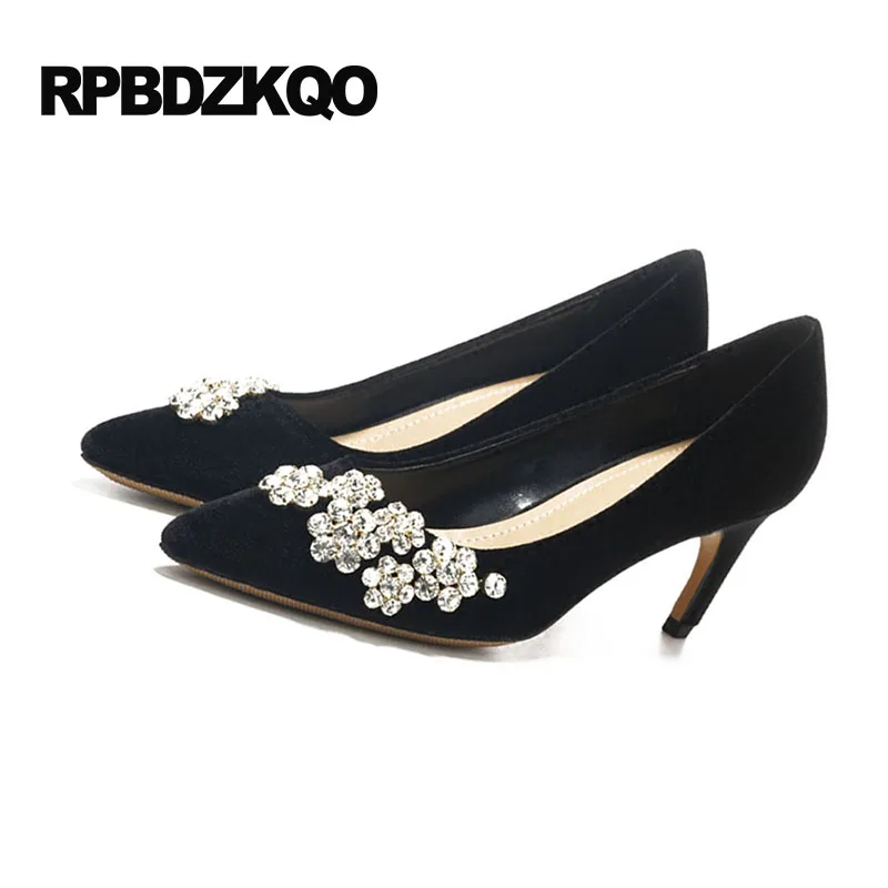 

Pumps Pointed Toe Velvet High Heels Flower Wedding 3 Inch Stiletto Black Crystal Shoes Women 2018 Rhinestone Bridal Wine Red