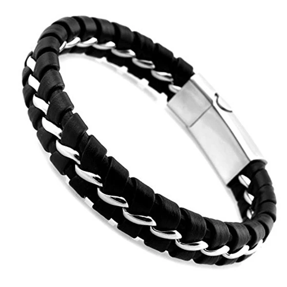 

PU Leather Knitted Stainless Steel Chain Magnetic Clasp Bracelet (Black)