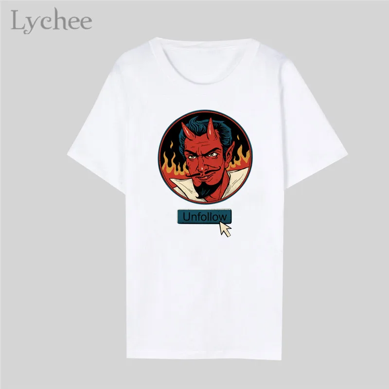 

Lychee Harajuku Flame Devil Women White T-shirt O-Neck T-Shirts Short Sleeve Female Simple Casual Top Tee