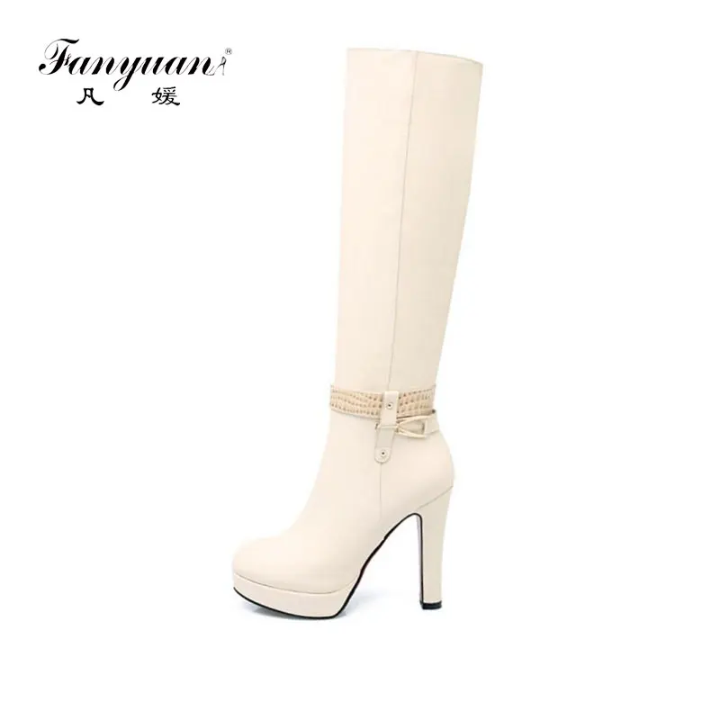 

fanyuan New Women Knee High Boots Metal Buckle Fur Warm Shoes Women Sexy High Heels Winter Boots Platform Shoes Size 33-43