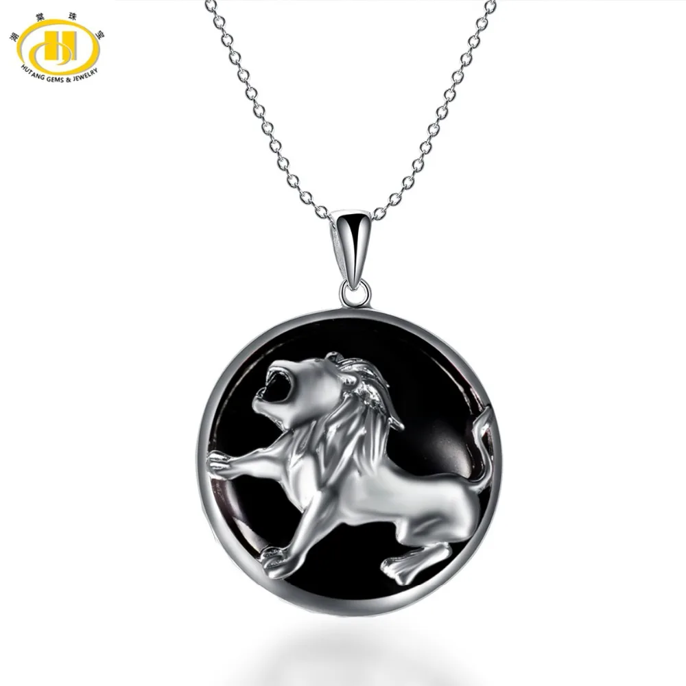 

Hutang Leo Zodiac Pendant Natural Black Jade 23mm Solid 925 Sterling Silver Necklace Women's Men's Fine Jewelry Birthday