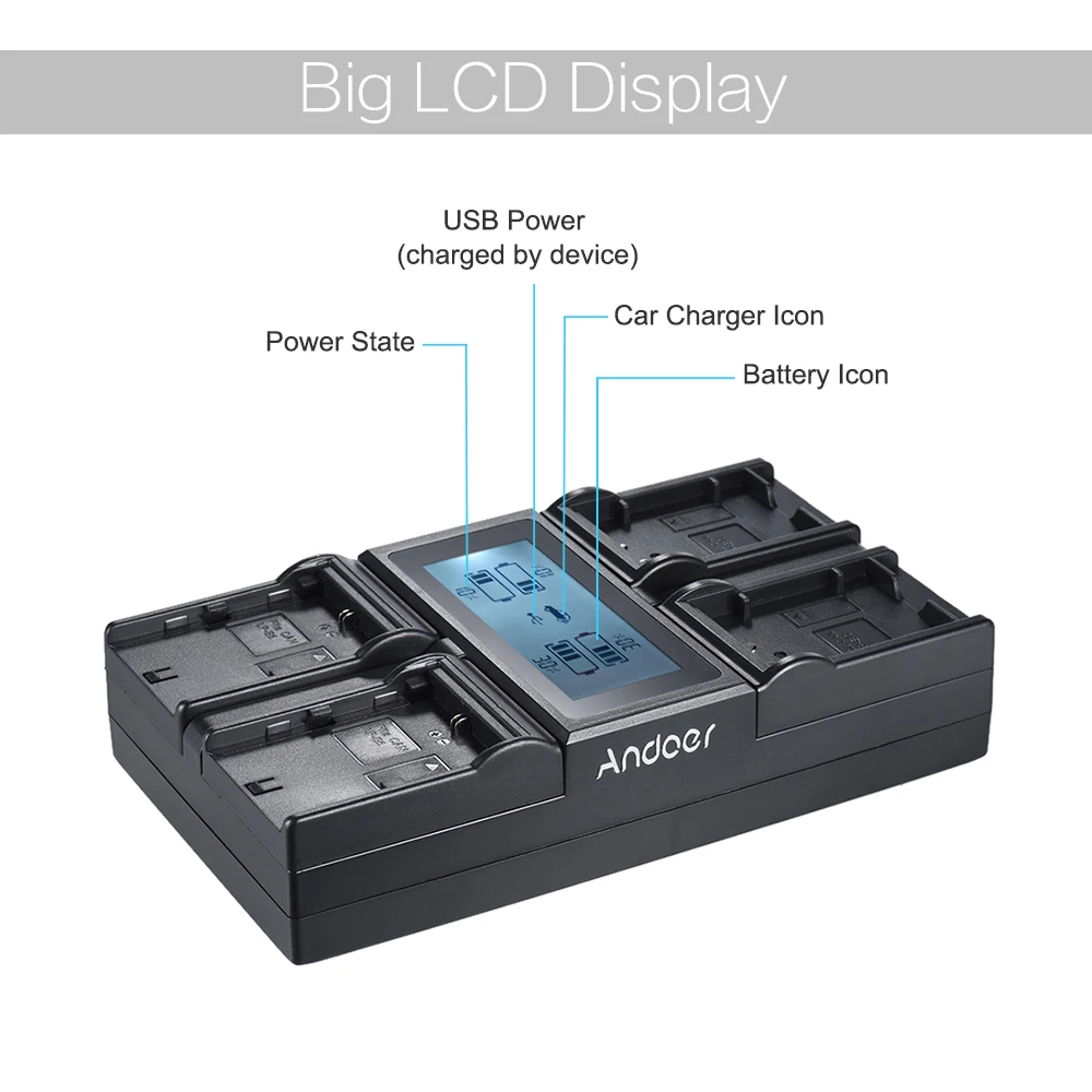 Andoer NP-F970 4-х канальный цифровой Камера Батарея Зарядное устройство ЖК-дисплей Дисплей для sony NP-F550 F750 F950 NP-FM50 QM71 с блоком питания постоянного тока для автомобиля Зарядное устройство