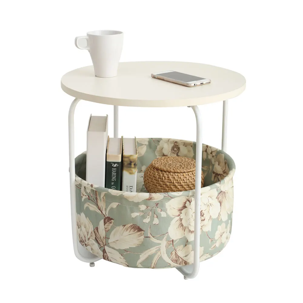Round Wooden Side Table 2 Tiers With a Book Storage Canvas Basket Bag