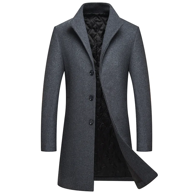 Mandarin Collar Winter Jacket Men Wool Slim Fit Casual Long Overcoats