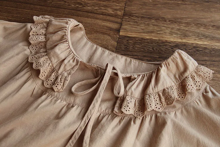 5847 Spring Women Top Literary Vintage Ruffled Collar Drawstring Embroidery Cotton Pullover Long Sleeve Loose Shirt Blouse Women 5