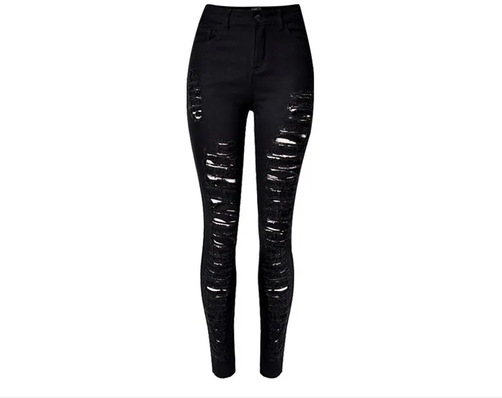 Женские черные эластичные рваные джинсы брюки модные обтягивающие с высокой талией рваные хлопковые длинные джинсы узкие брюки