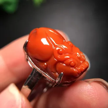 

Adjustable Ring Natural South Red Agate Ring Crystal Women Improve Immunity Gift 925 Sterling Silver Pixiu Shape Beads AAAAA