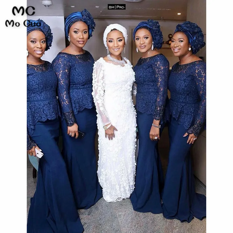 Mermaid Long Navy Blue Bridesmaid Dress with Sleeves Lace4