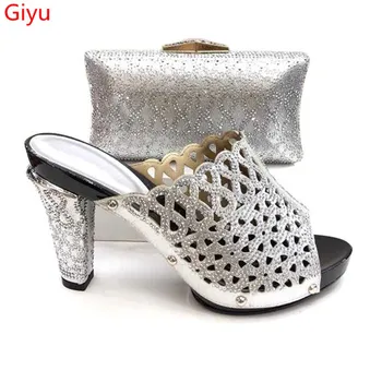 

doershow silver Shoes and Bag Set for Women Summer African Style italian Shoes and Bag Set for party Custom products!SVF1-14