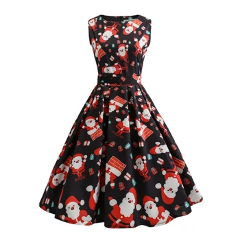 

Hot Sales Women Christmas +Belt Dress Print Vestidos Party Fashion Cotton Sleeveless Floral Elegant Cartton Vintage