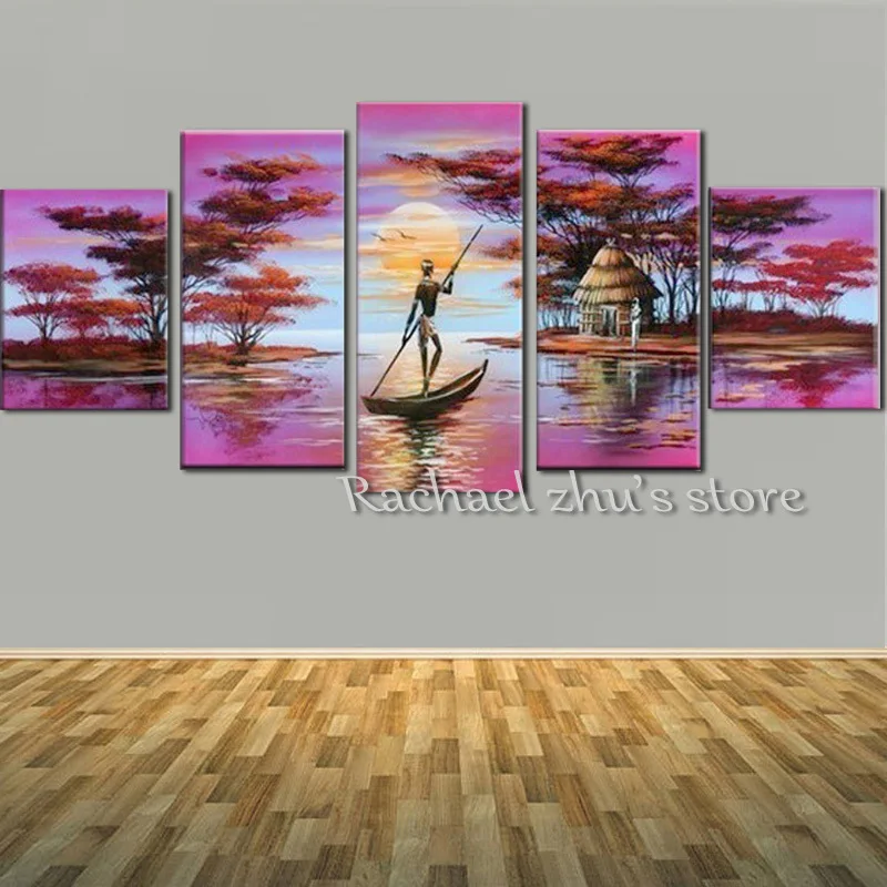 

Hand Painted Abstract Africa Sunsets Landscape Oil Painting On Canvas 5 Pieces Abstract Wall Pictures Living Room Home Decor Art