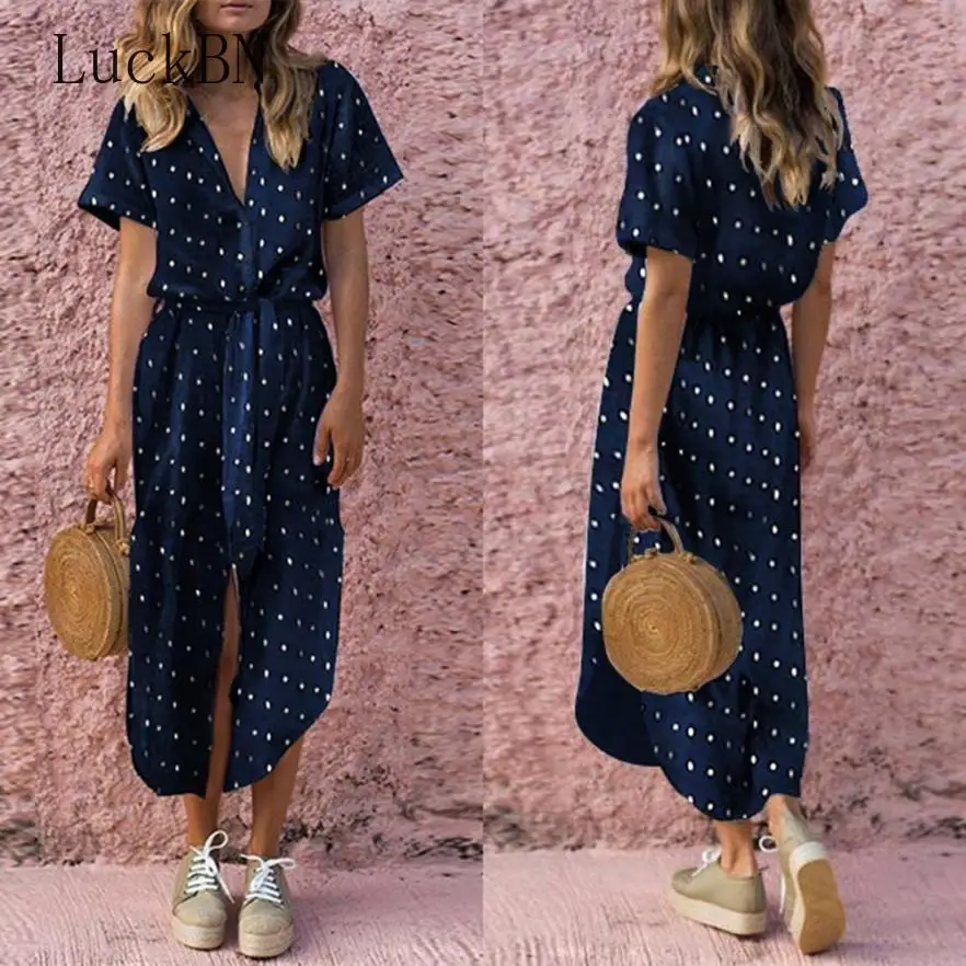 

Chiffon Dress Womens Sexy Casual Daily Bow Tie V Neck Dot Print Button Dress Short Sleeve Soild Long Dress Women 2019 Vestidos