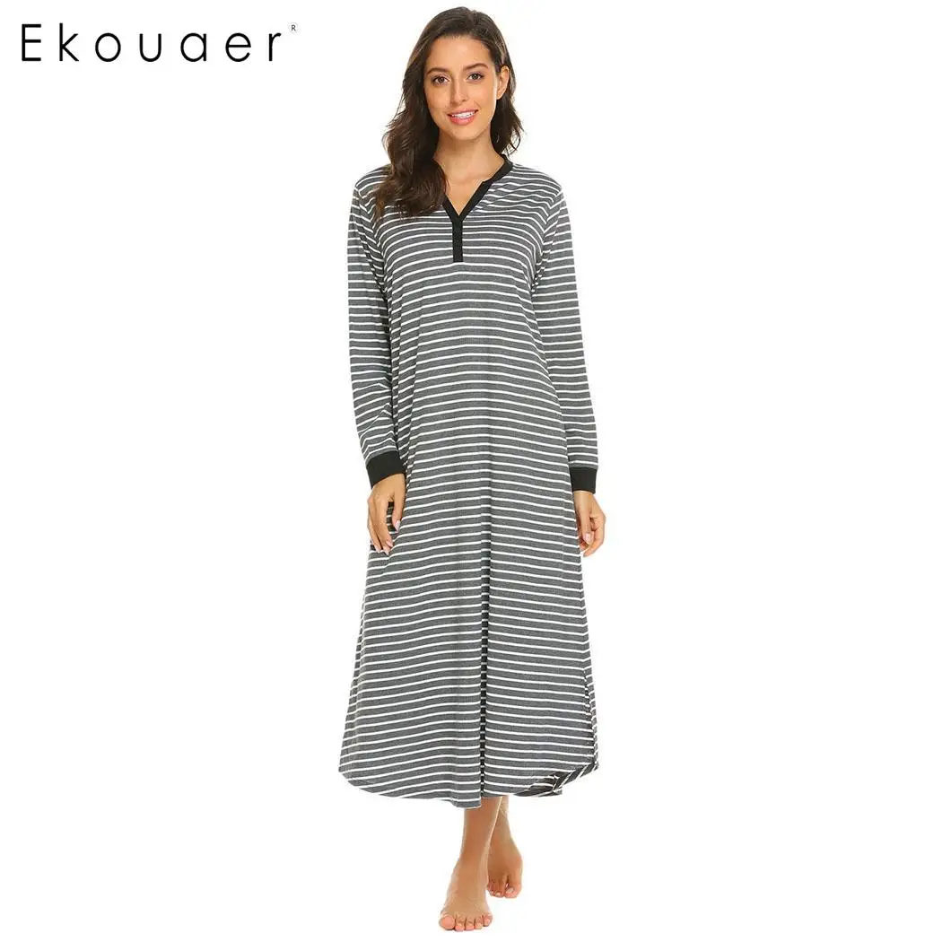 Ekouaer Women Long Nightdress Chemise Nightgown Casua Long l Sleeve V Neck Stripe Sleepwear Nightgown Female Sleepshirts - Цвет: gray white