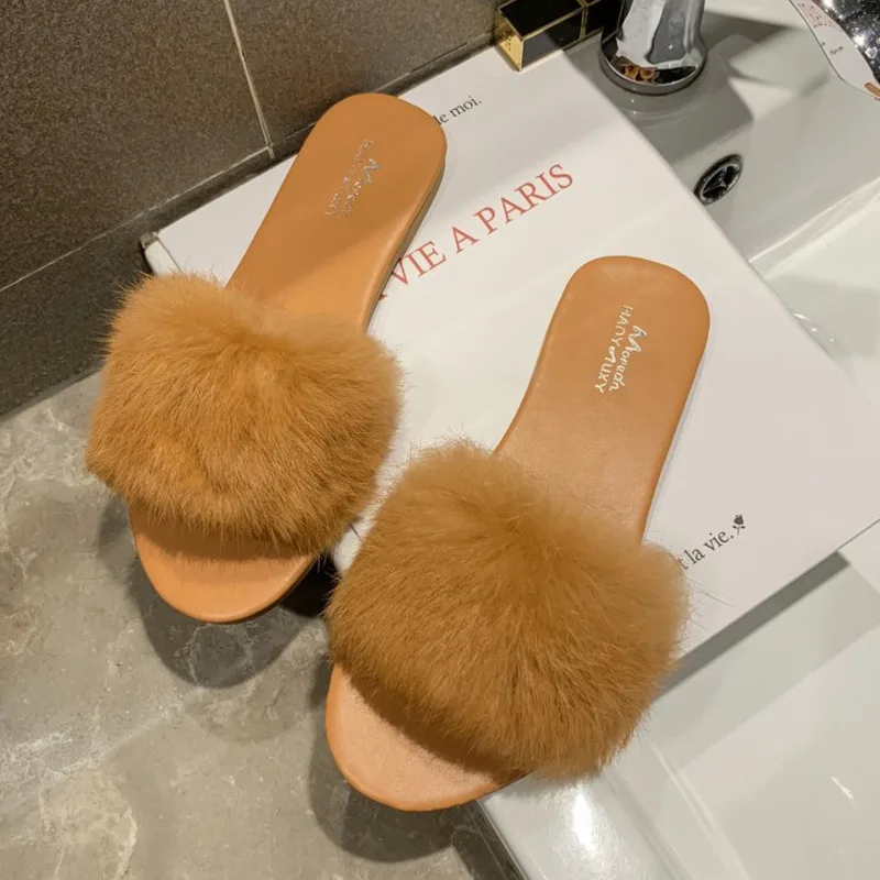 

Fur Slippers Women Shoes Flat Faux Fur Slides Furry Flip Flops Sandals Outside Ladies Fluffy Cute Female Shoes Woman Slipper