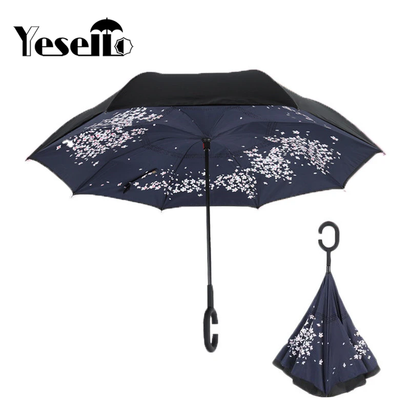 Baratos Yesello Cerezo plegable doble capa de paraguas invertido Self Stand protección de la lluvia Long c gancho manos para coche