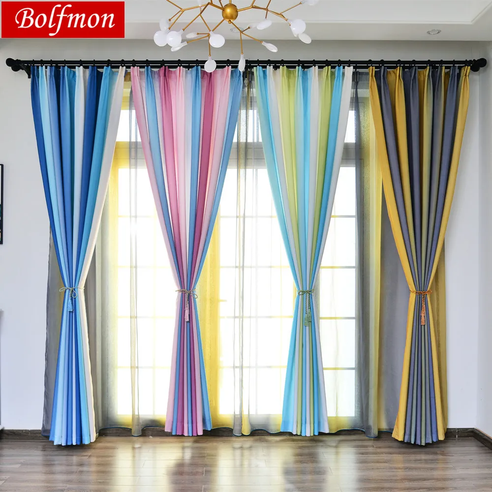 Colorido Arco Iris hermosa cortina de ventana para sala de estar 3D verde azul tul ventana tratamientos elegantes Cortinas de dormitorio